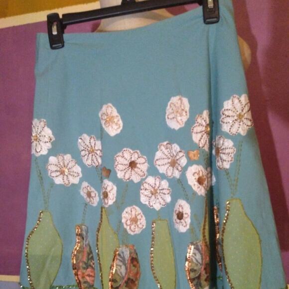 Basil & Maude Aqua Colored A-line Skirt Flowers sz 6 - Picture 2 of 8